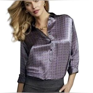 Cabi 70’s Geometric Long Sleeve Button 100% Silk Purple Green Tunic Top Women M